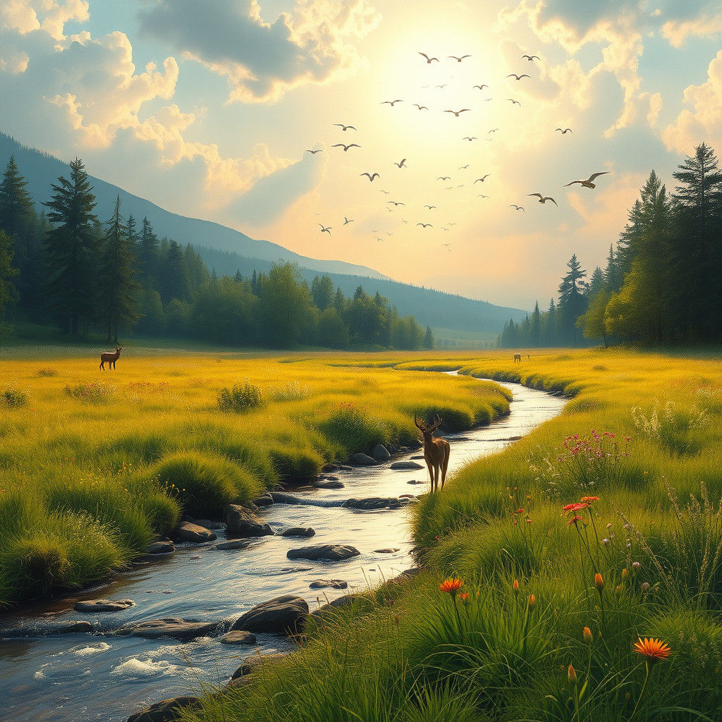 Lush Meadow Stream in Golden Light