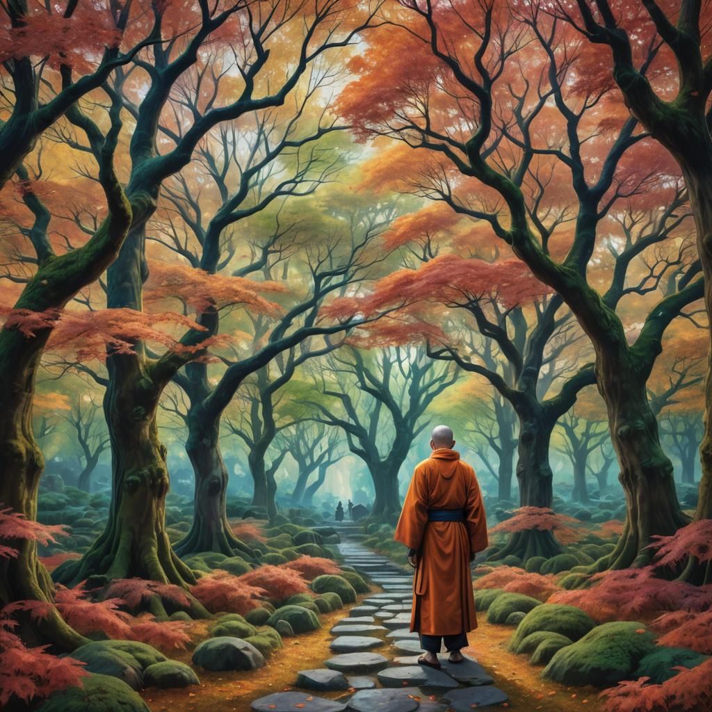 Monk in Autumn Maple Grove: Cosmic Mixed Media