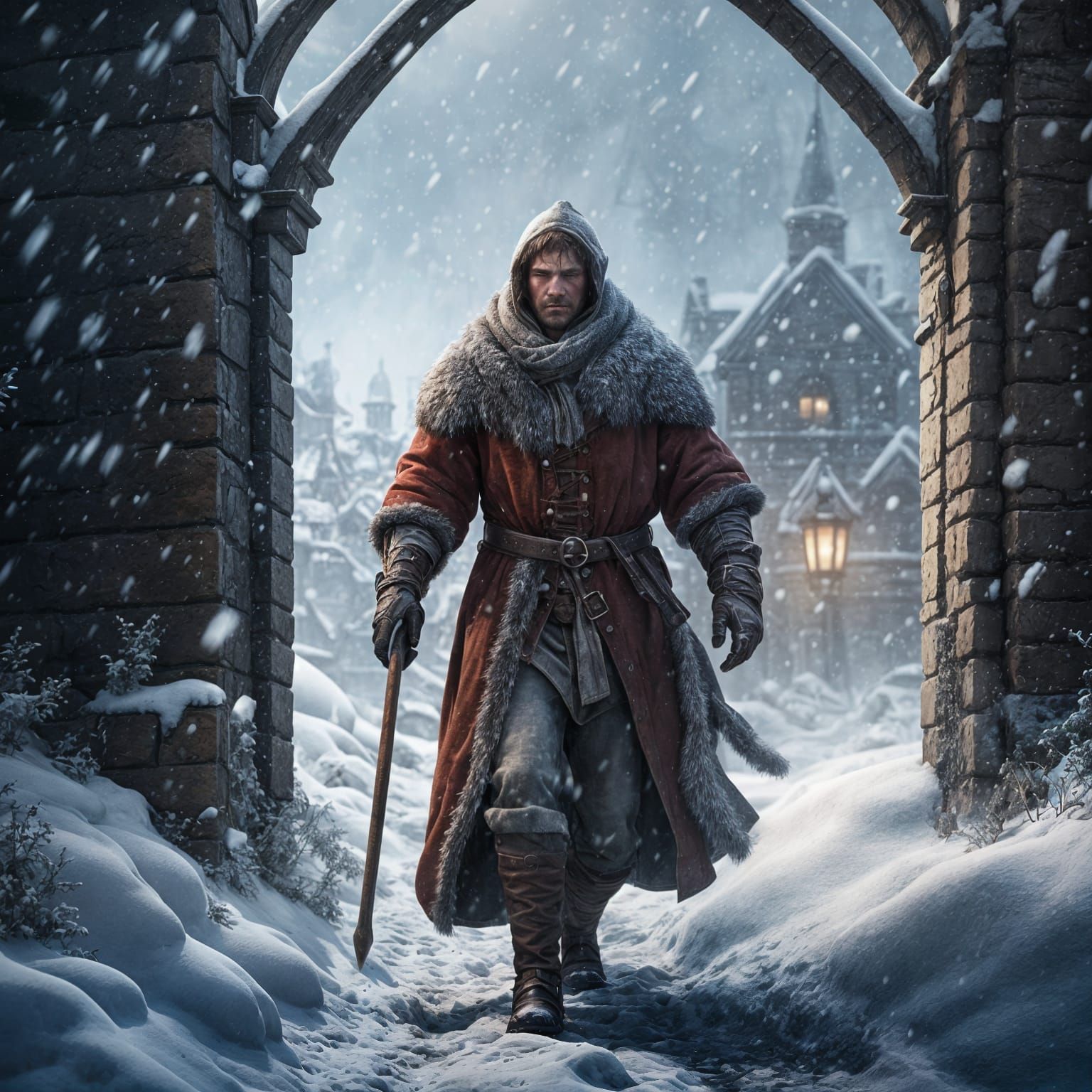 Medieval Fantasy Scene in Deep Snowstorm