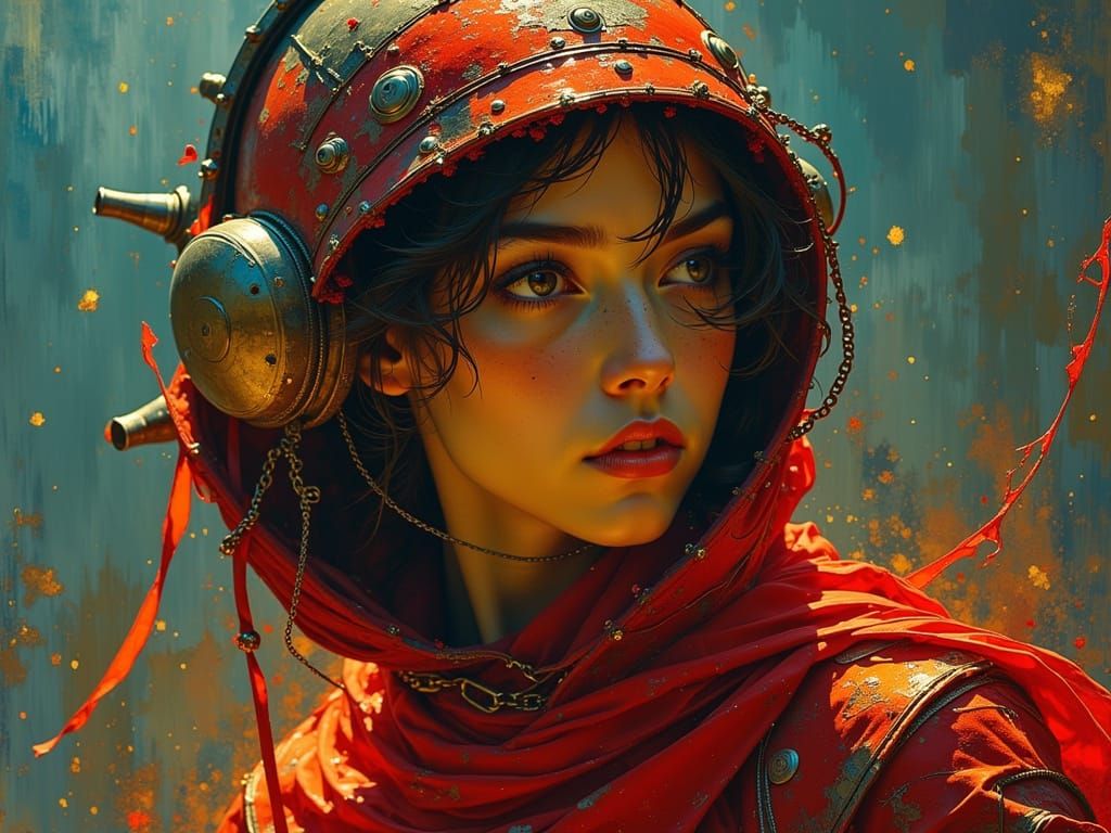 Female Gladiator in Red Spacesuit, Art Nouveau Style