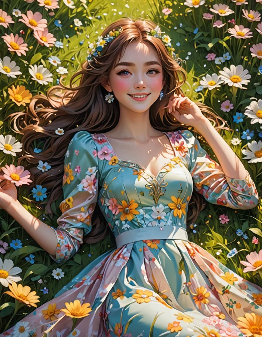 Woman in Flower Dress Laying in Sunny Meadow