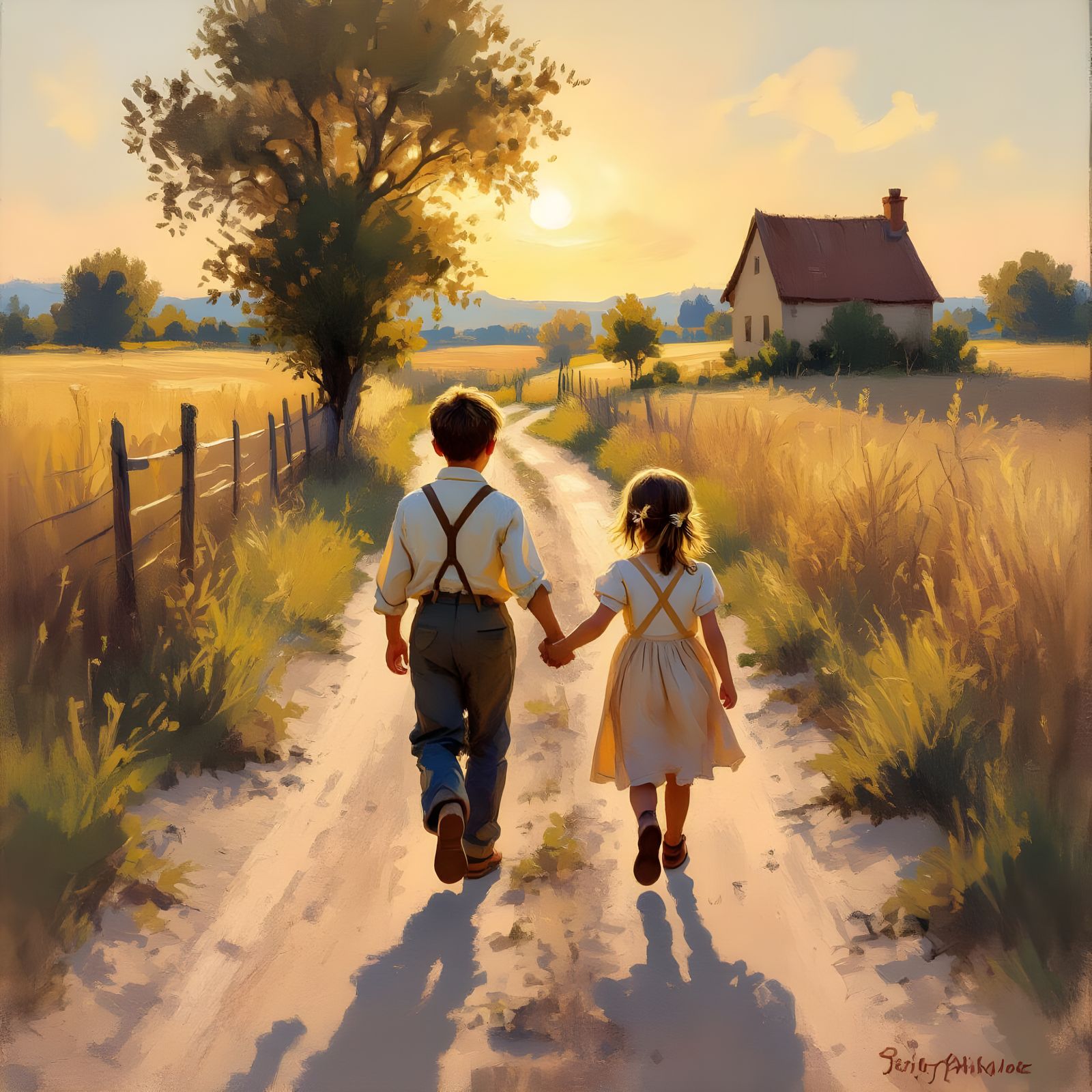 Children Walking Country Lane in Golden Hour Oil Painting