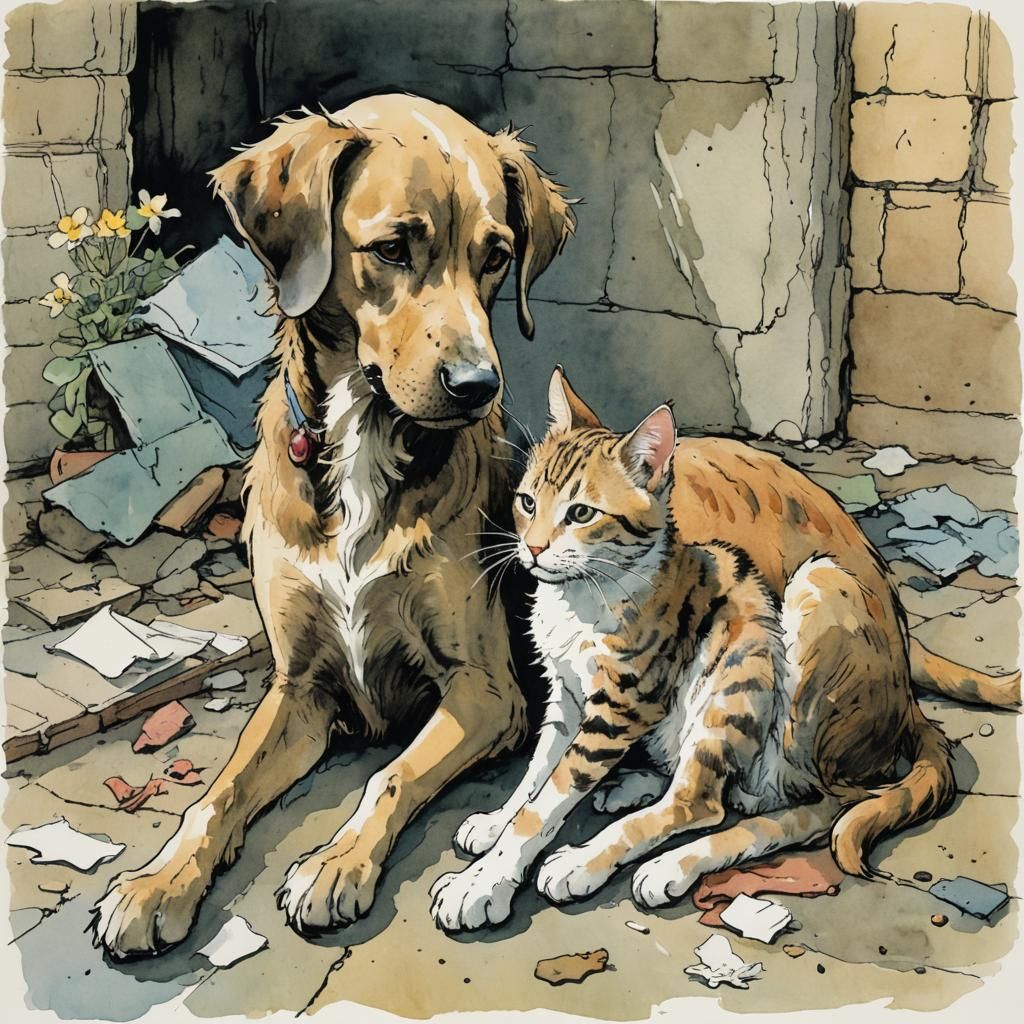 Dog Comforts Cat: Whimsical Children's Illustration