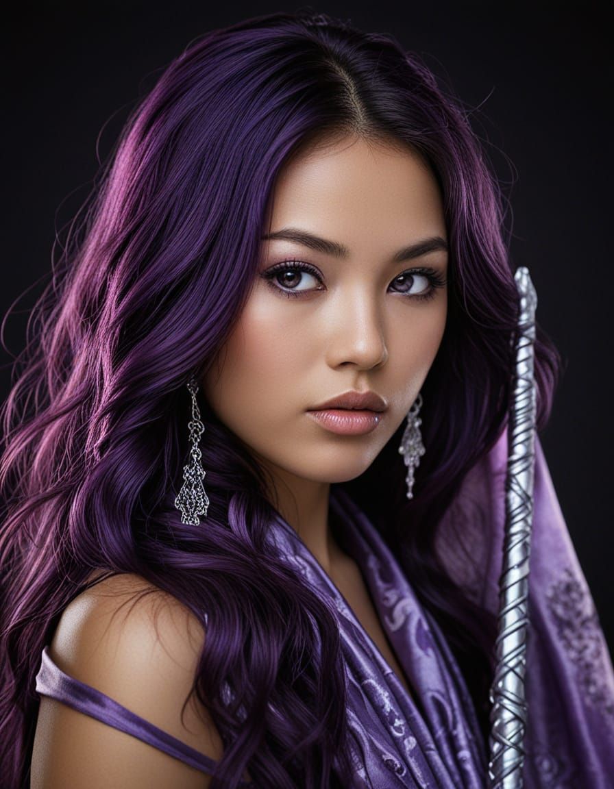 Japanese Warrior Princess with Glowing Staff and Purple Hair