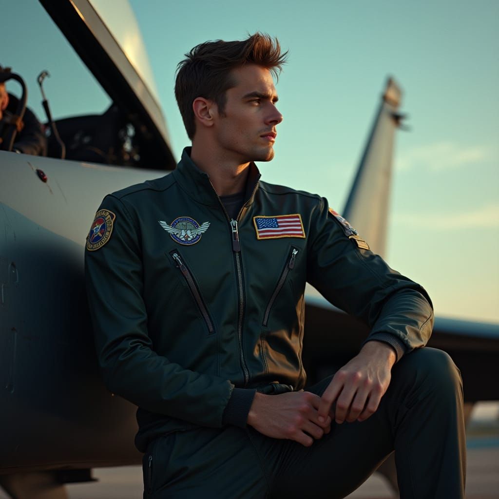 Young Pilot Leaning on Air Force Jet