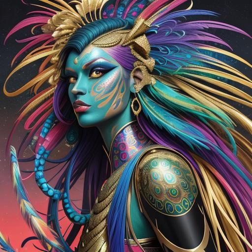 Dragon Serpent Woman with Peacock Feathers, Pop Art