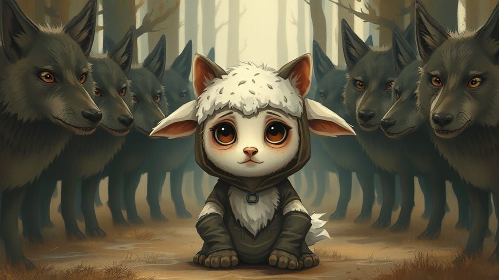 Worried Lamb in Wolf Costume, Forest Scene