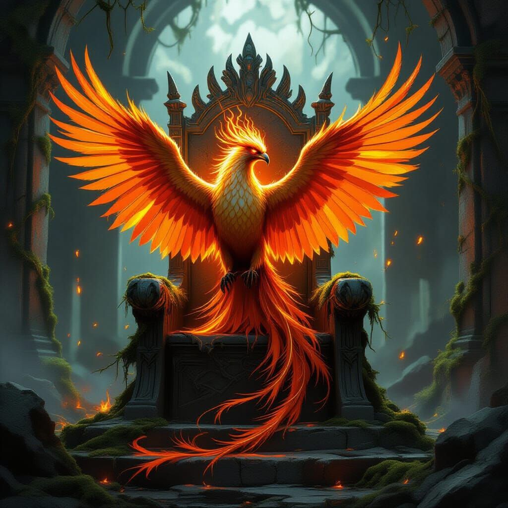 Majestic Phoenix on Ancient Throne, Fiery Embers