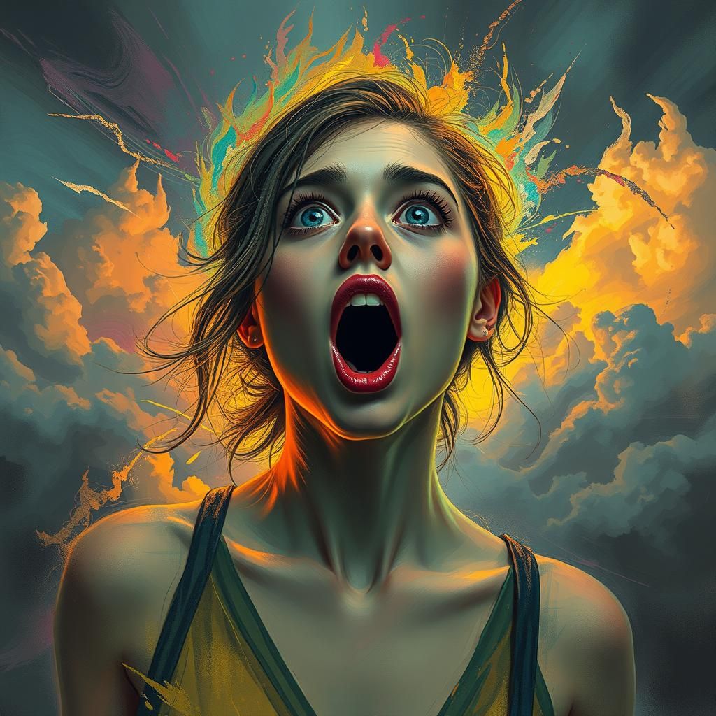 Amazed Woman with Psychedelic Aura, Cinematic Art