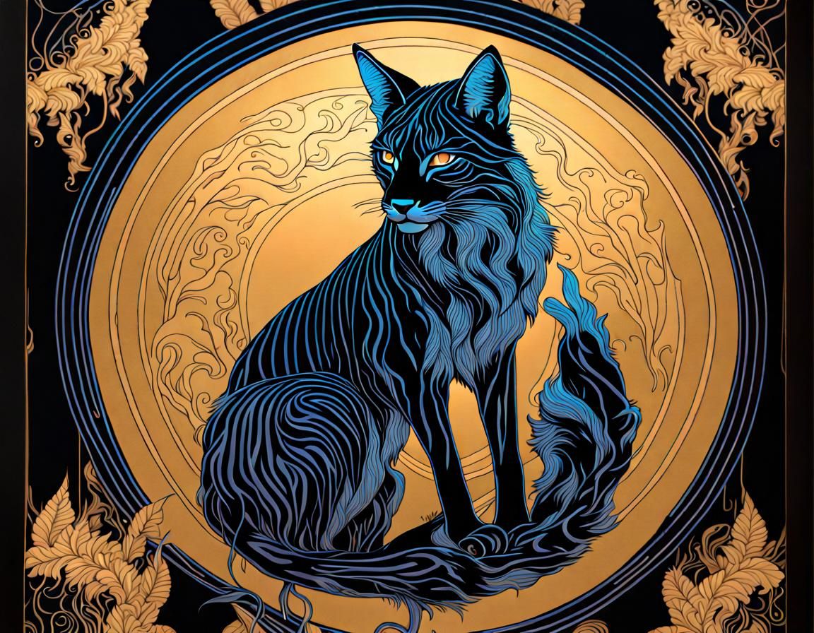 Lynx Woman with Gold Stripes in Black Light Art
