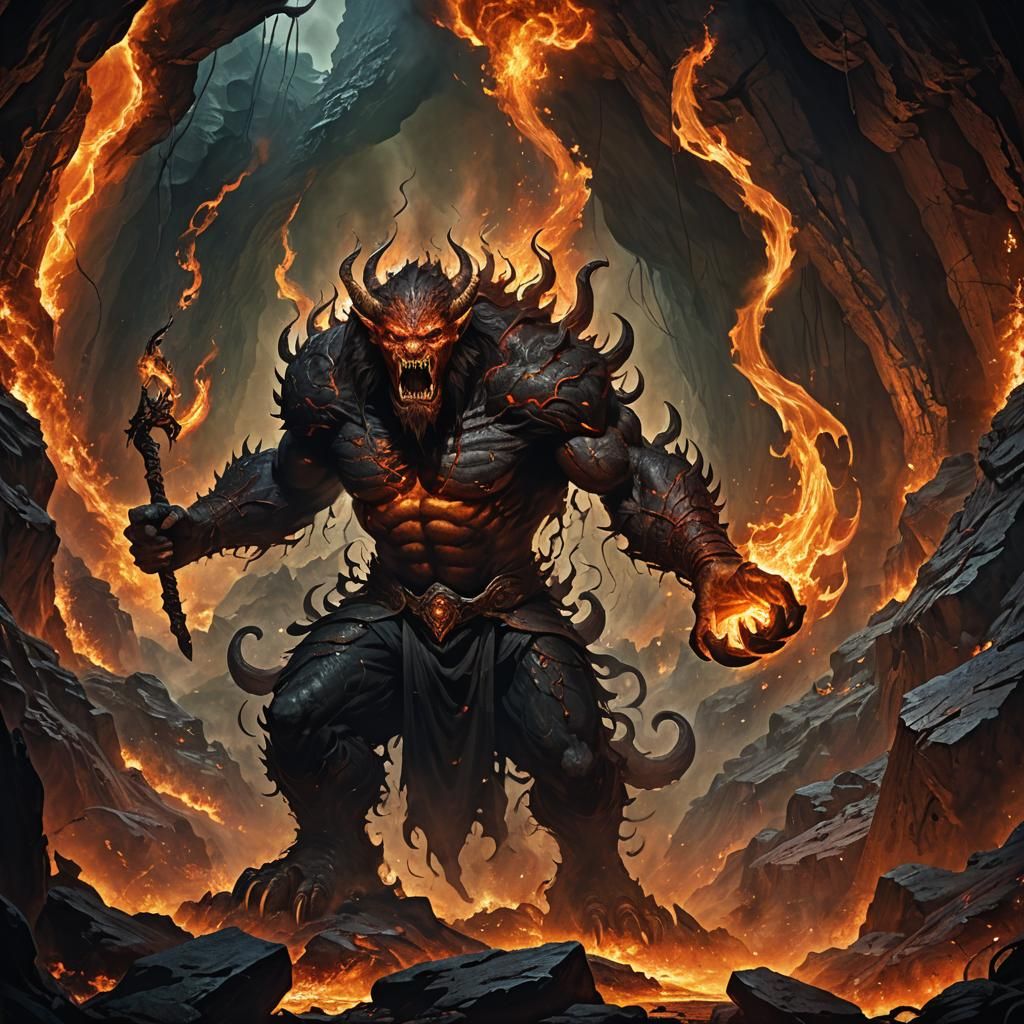 Fiery Cavern Monster with Whip in Detailed Matte Painting