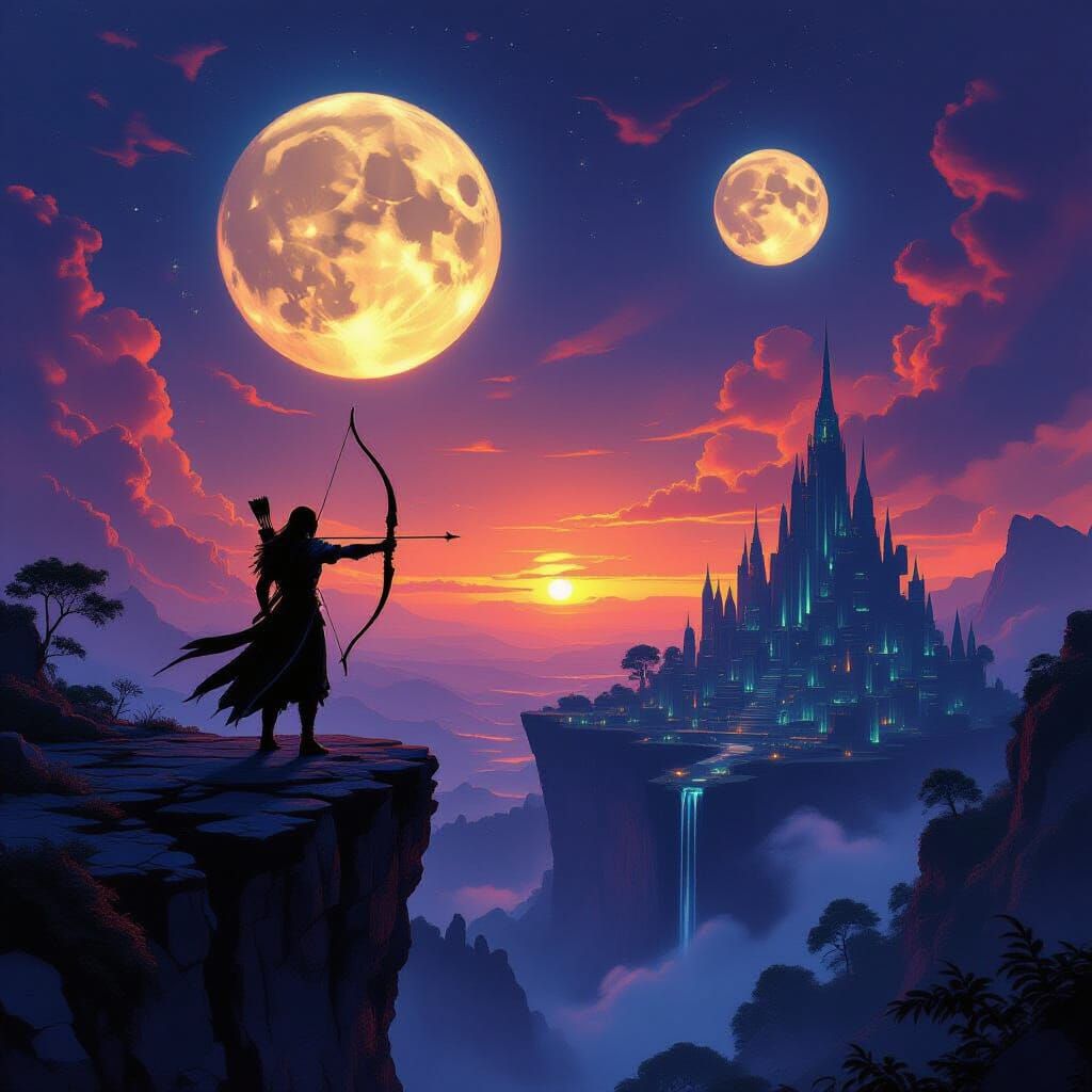 Archer on Volcanic Precipice Under Twin Moons