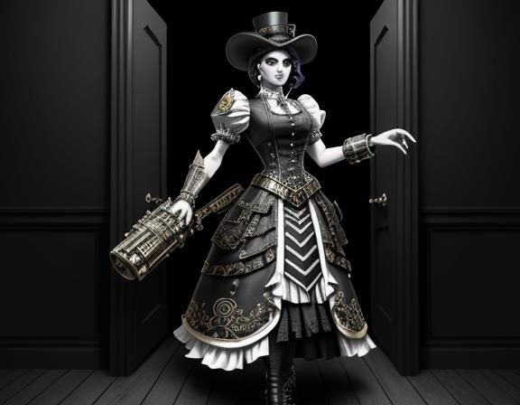 Steampunk Woman in Doorway, Lichtenstein Style Line Art