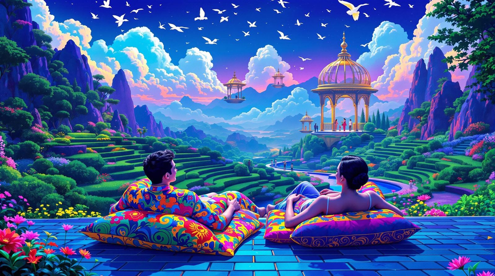 Ethereal Fantasy Scene in Blacklight Poster Style