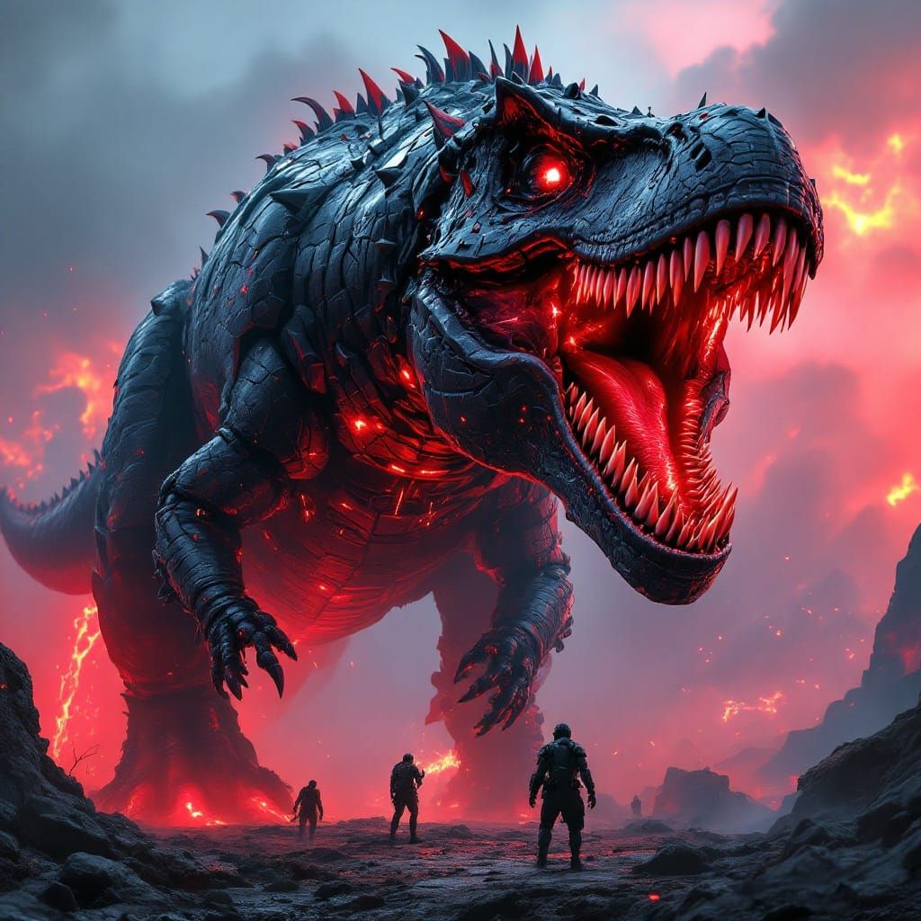 Armored T-Rex on Dystopian Battlefield in Synthwave Style