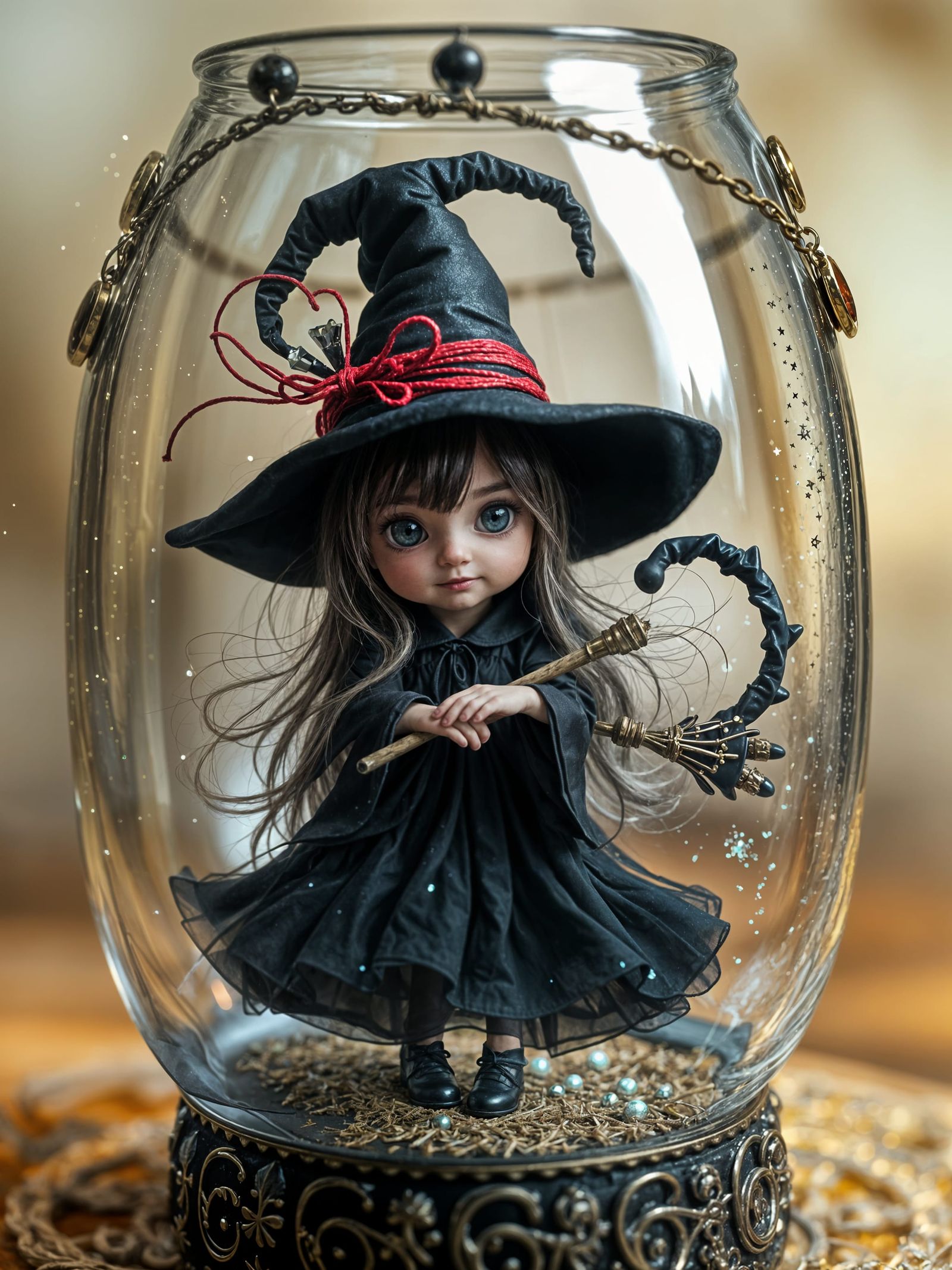 Tiny witch in a jar glowing sparkles