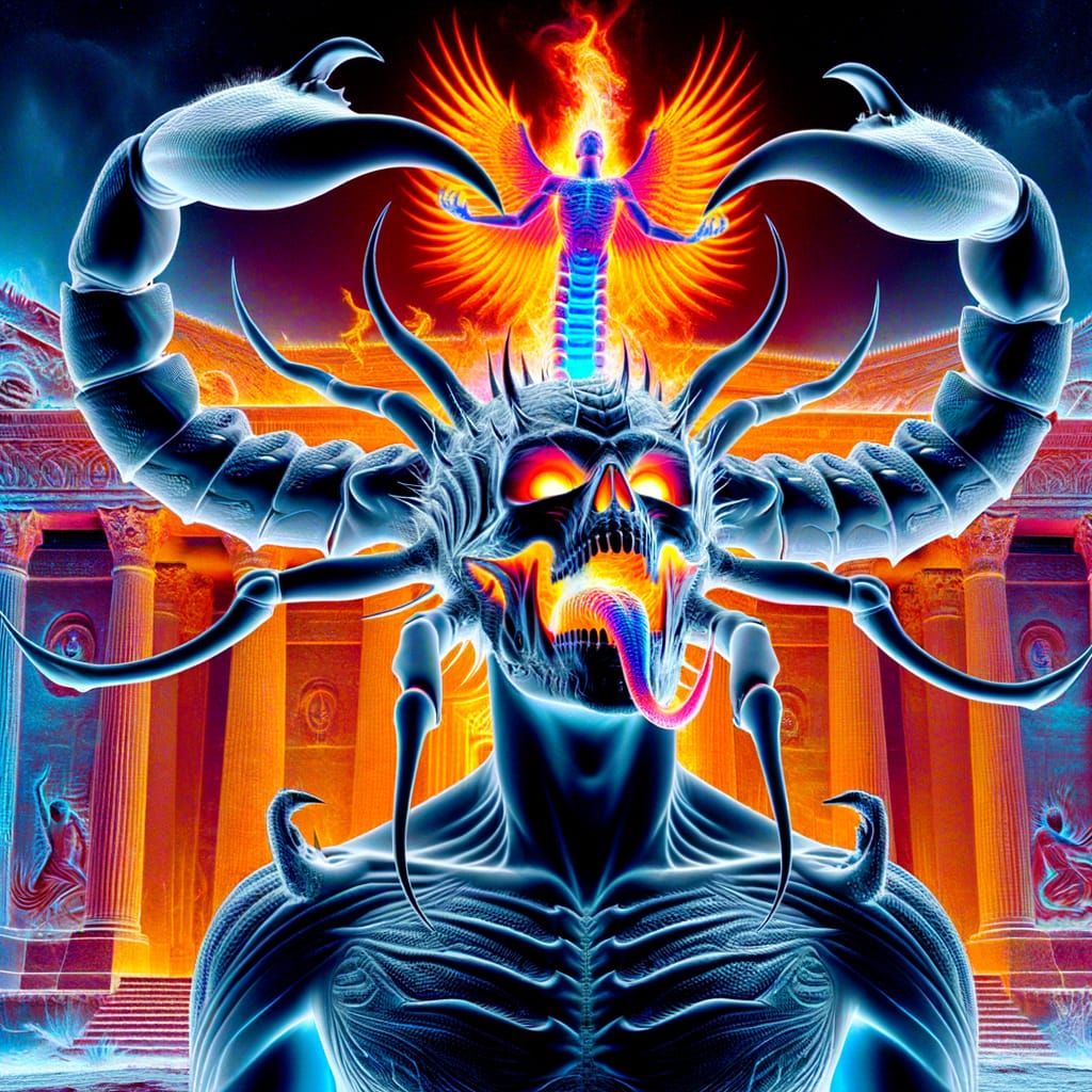 Scorpion Humanoid in Ancient Temple, Color Negative