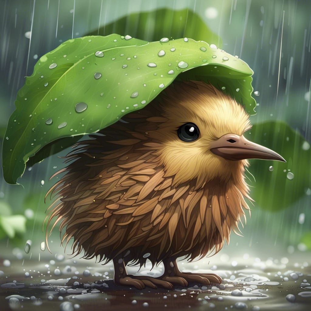 Chibi Kiwi Bird Sheltering From Rain