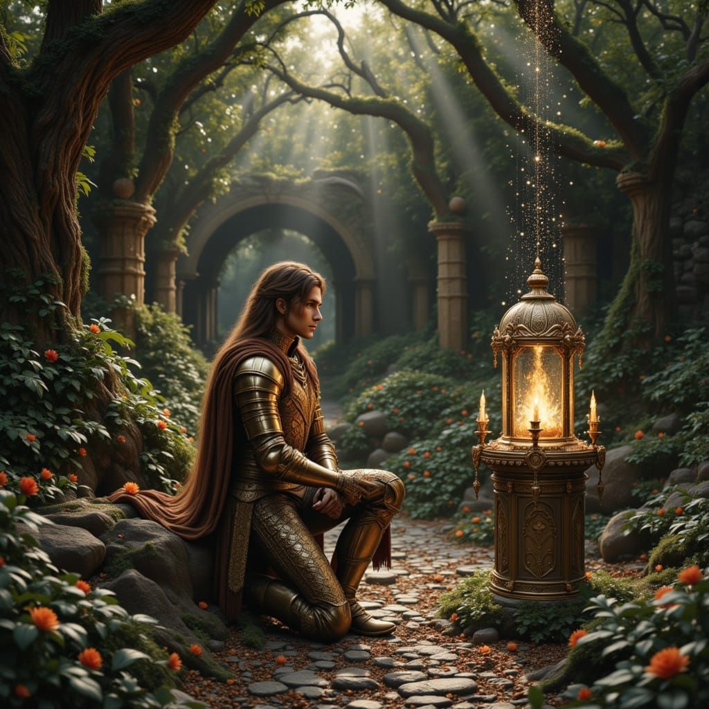 Handsome Knight in Shimmering Armor, Art Nouveau Style