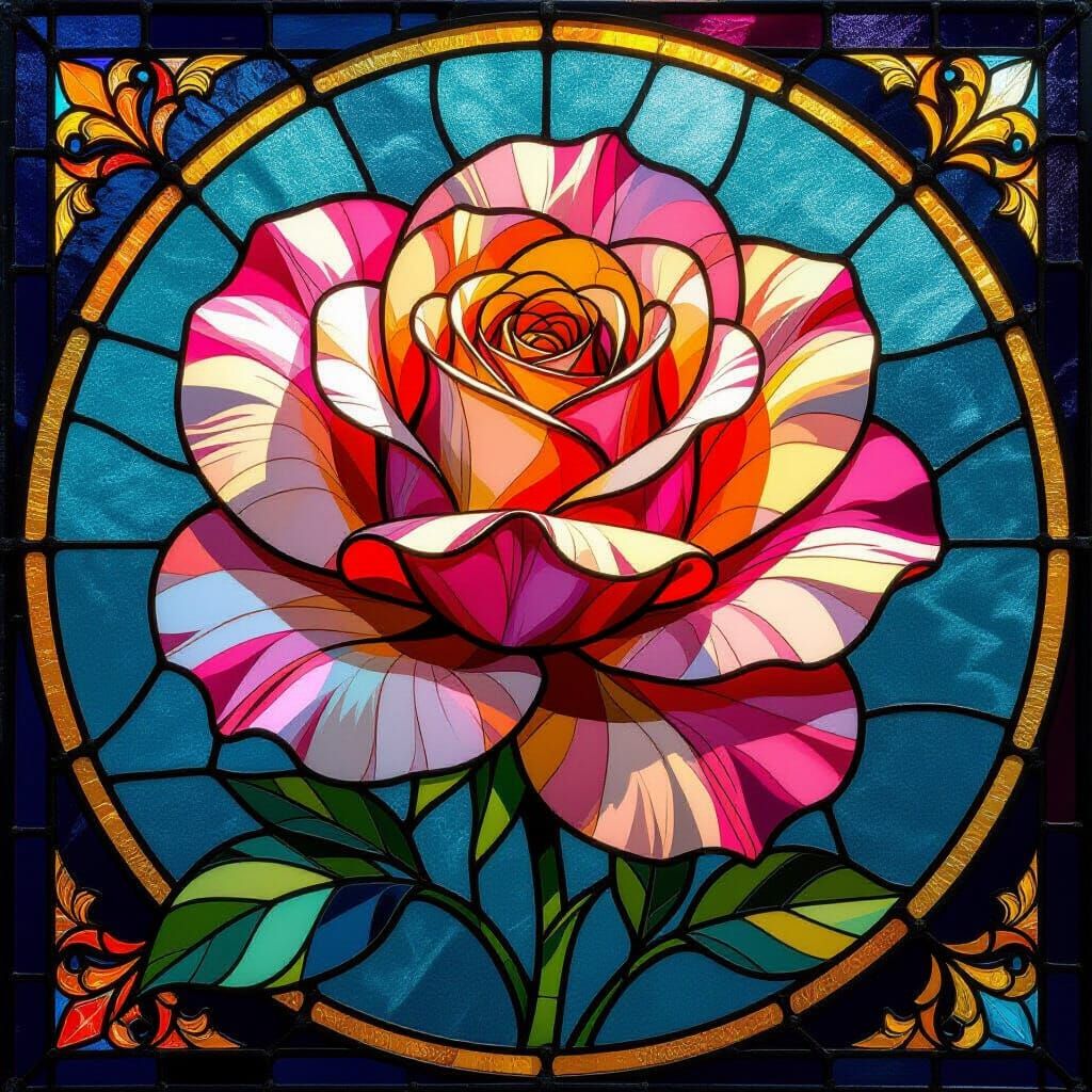 Intricate Stained Glass Rose Artwork in Art Nouveau Style