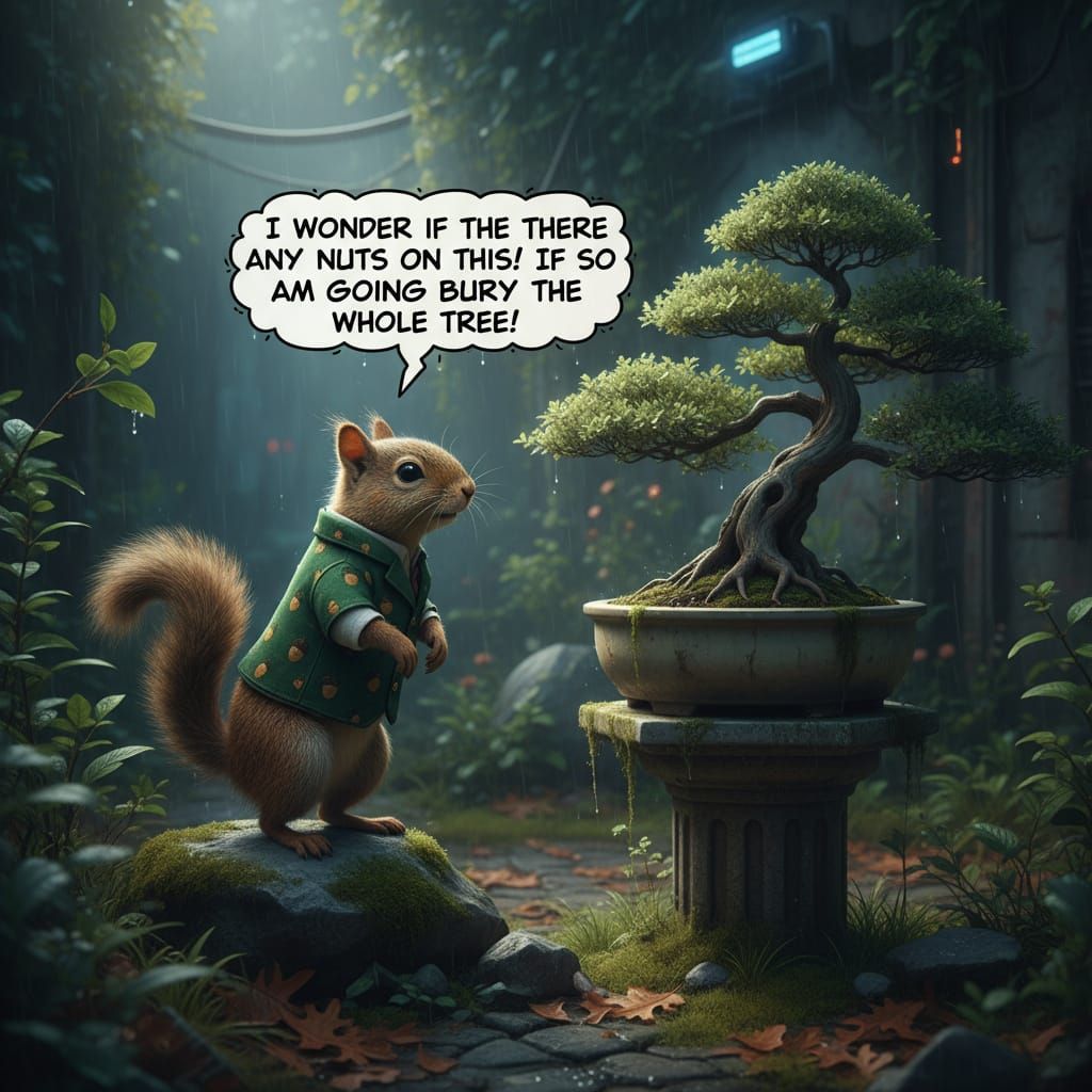 Squirrel Contemplates Bonzai Tree With Humorous Word Balloon