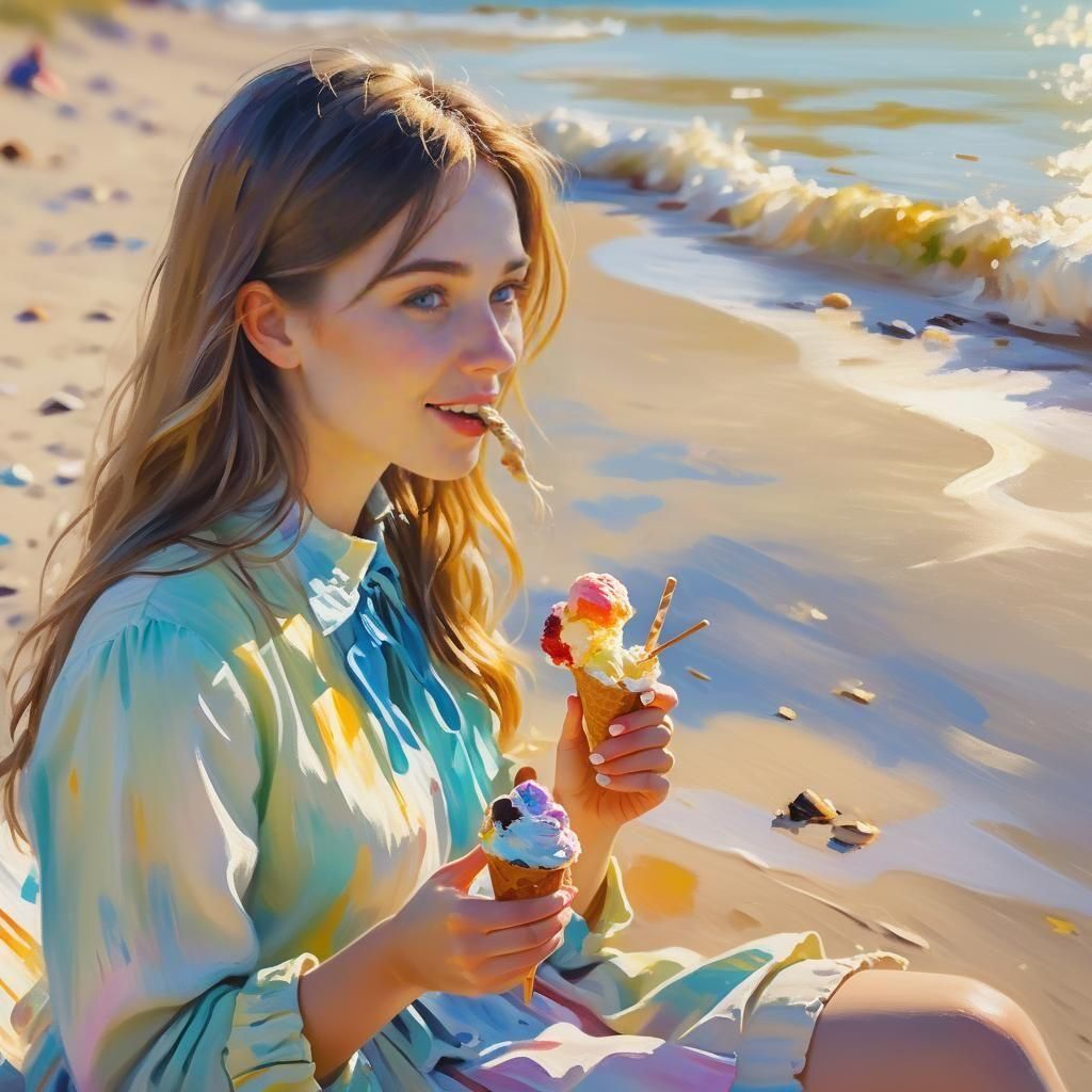 Girl Enjoys Ice Cream on a Sunny Beach