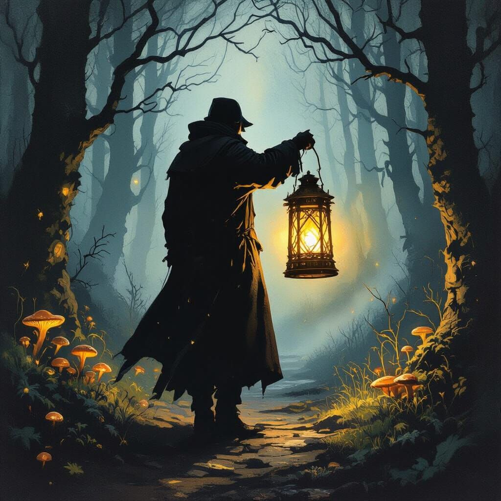 Mystical Forest Illuminated by Traveler's Lantern