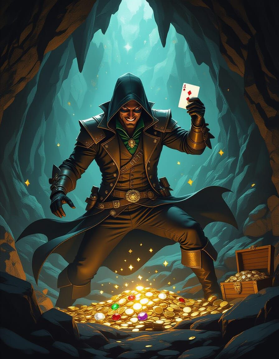 Jack of Diamonds Rogue Silhouetted Against Treasure Hoard