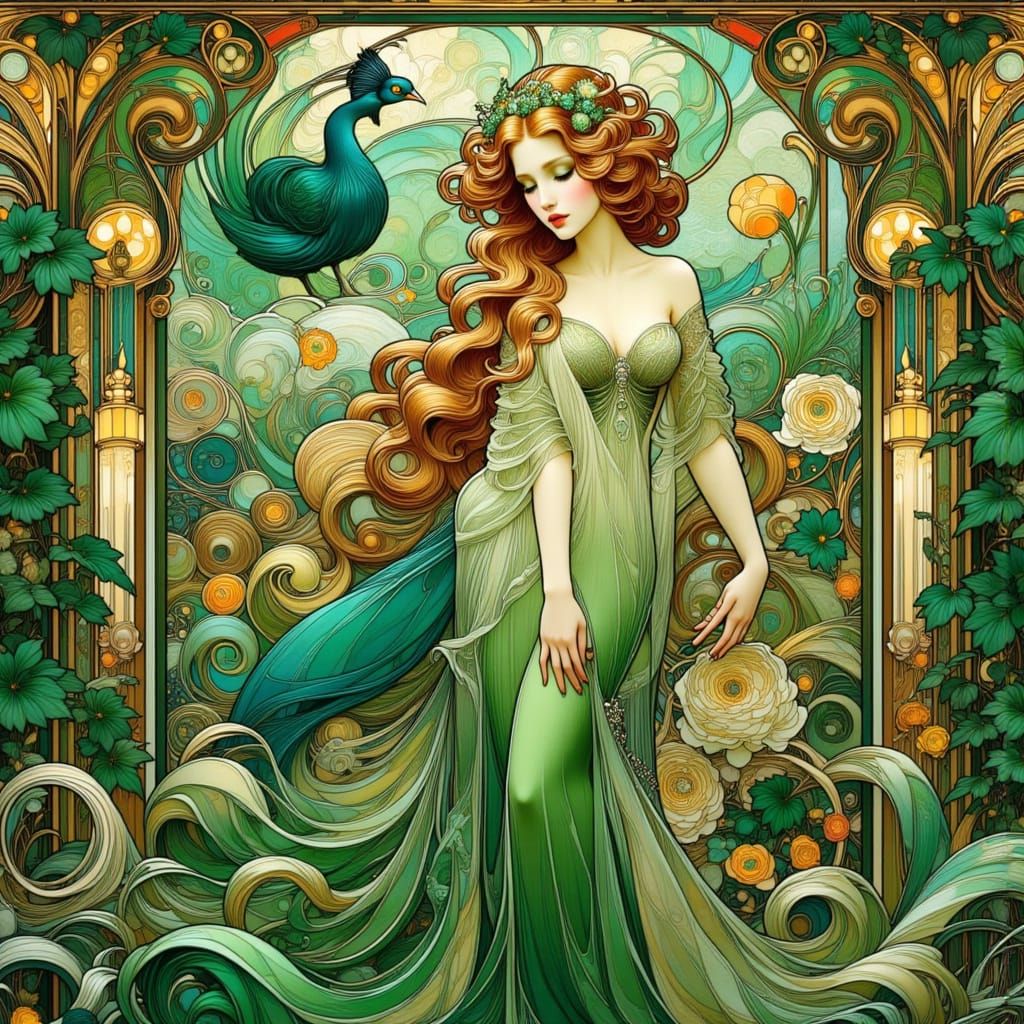 Art Nouveau Woman on Balcony with Peacock and Emerald Garden