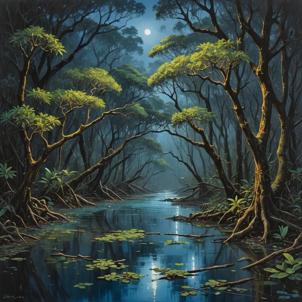 Night Rainfall Over Mangrove Forest as Oil Painting