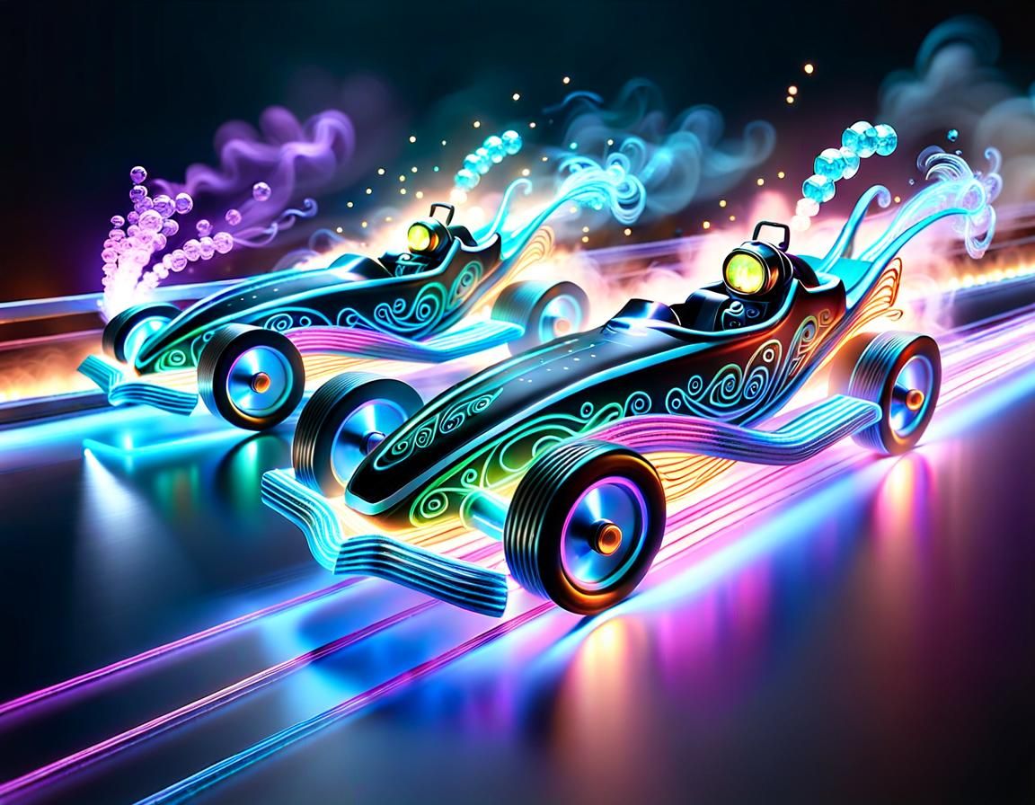 Futuristic Dragsters Racing at Night in 3D