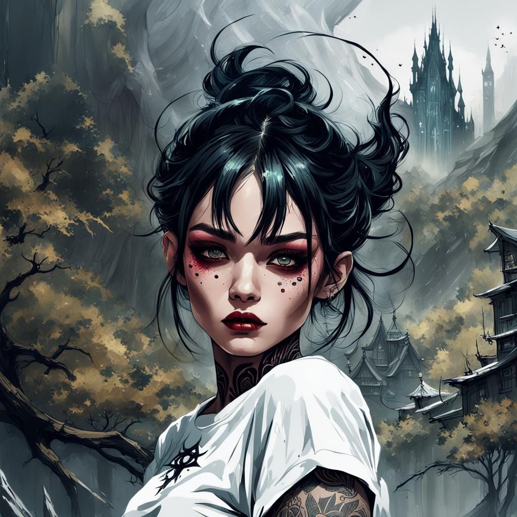 Tattooed Woman Casting Spell in Gothic Fantasy Art