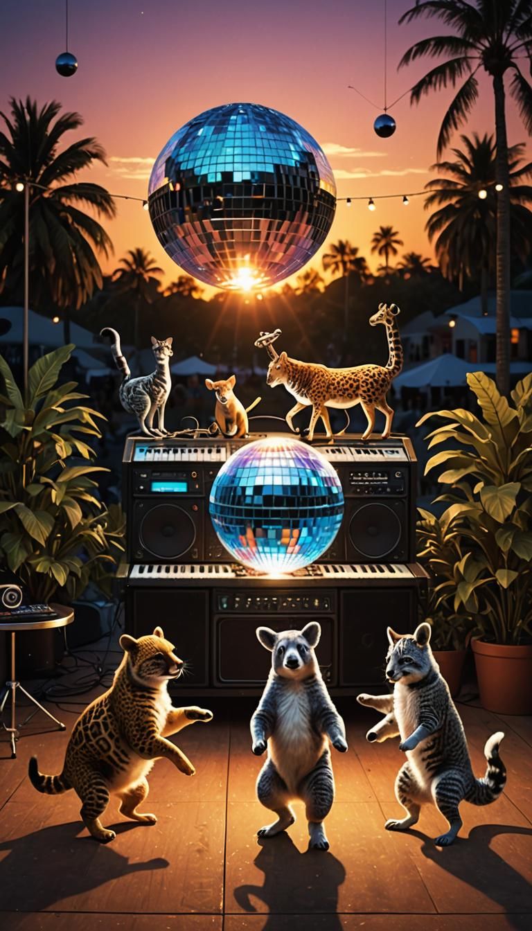 Animals Dancing at Sunset in Hyper-Realistic Style