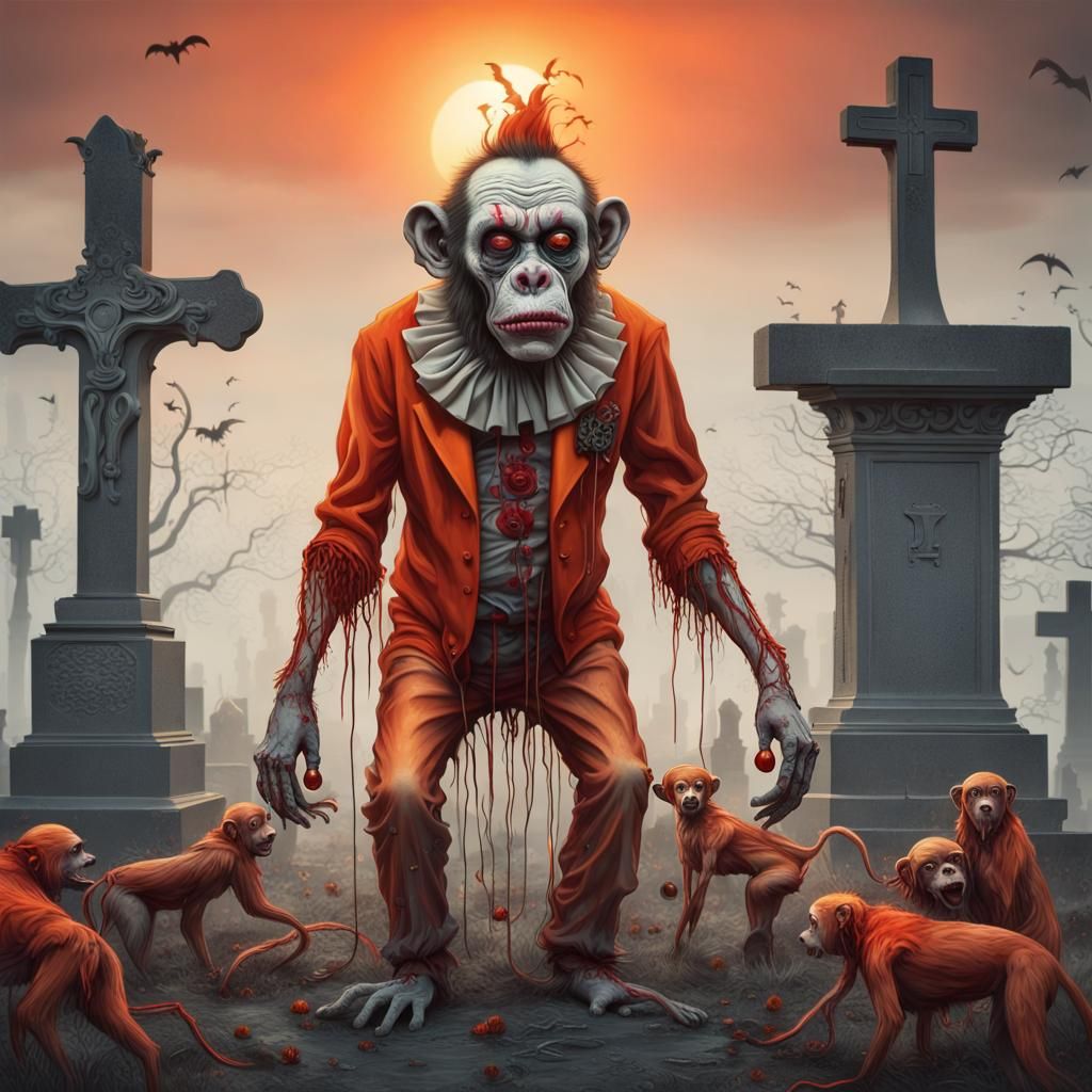 Surreal Zombie Monkey Clown in Spooky Cemetery