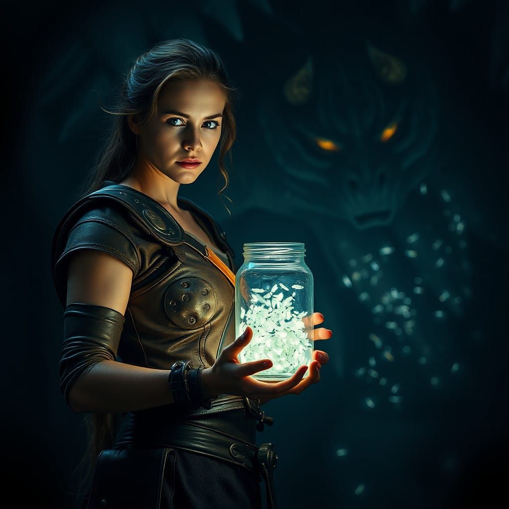 Fearless Woman Defies Darkness with Firefly Lantern, Dominat...