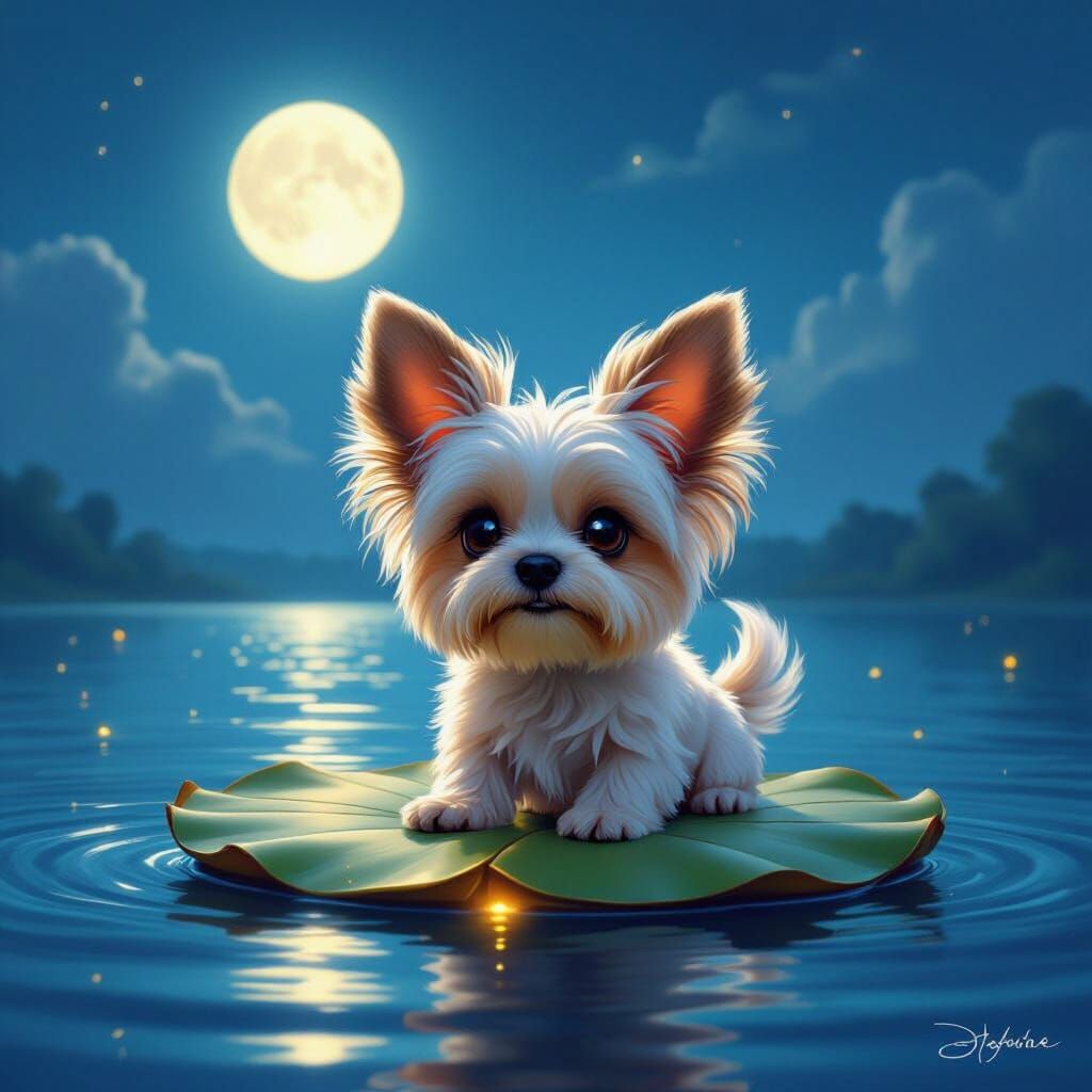 Whimsical Dog Paddles Glowing Lily Pad on Surreal Lake