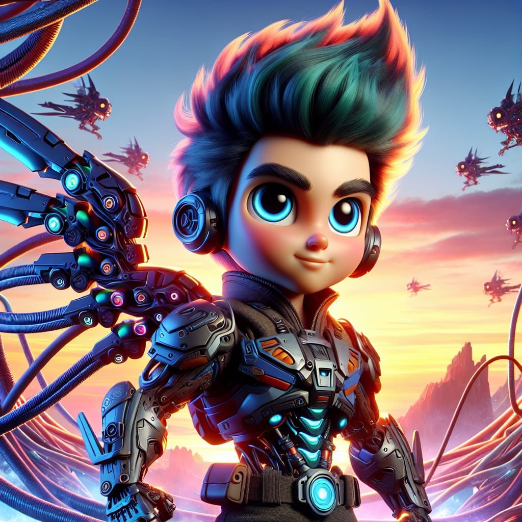 Cartoon Boy in Fantasy Mechanized Superhero Suit
