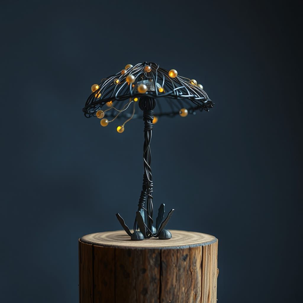 Cute Wire Mushroom Sculpture on Wood Pedestal