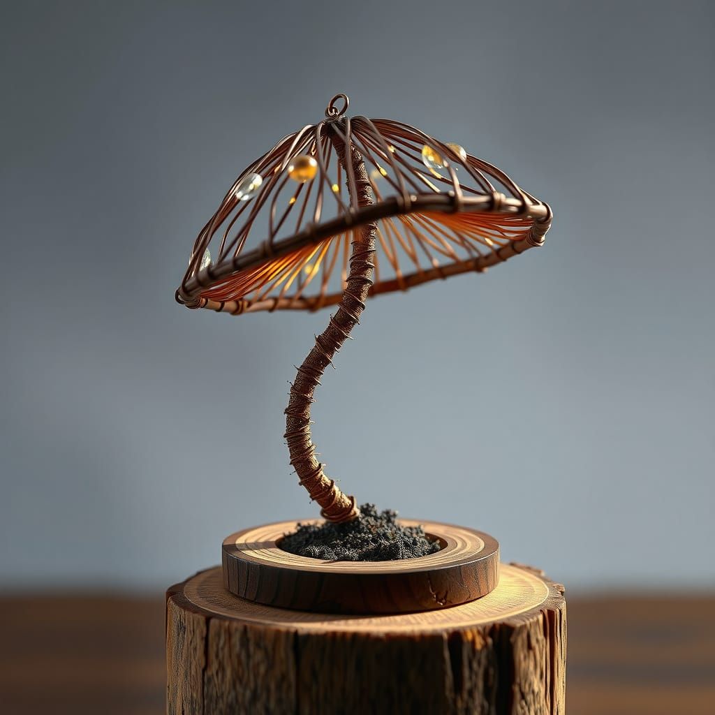Cute Wire Mushroom Sculpture with Cinematic Lighting
