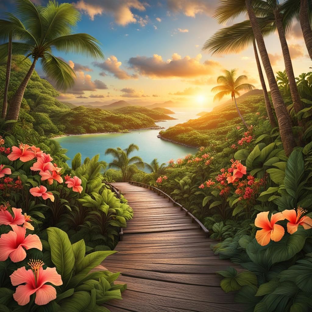 Tropical Lagoon Boardwalk at Sunset