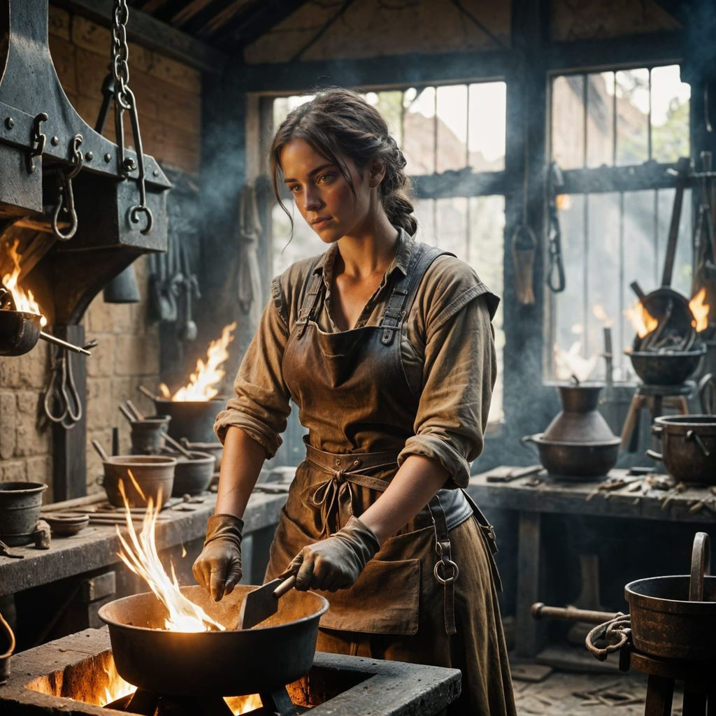 Young Blacksmith Woman in Medieval Fantasy Forge