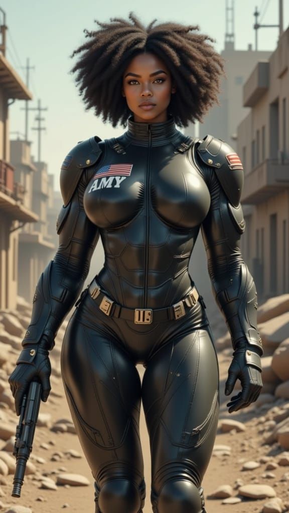 Armored Woman Soldier in Retro-Futuristic Cityscape