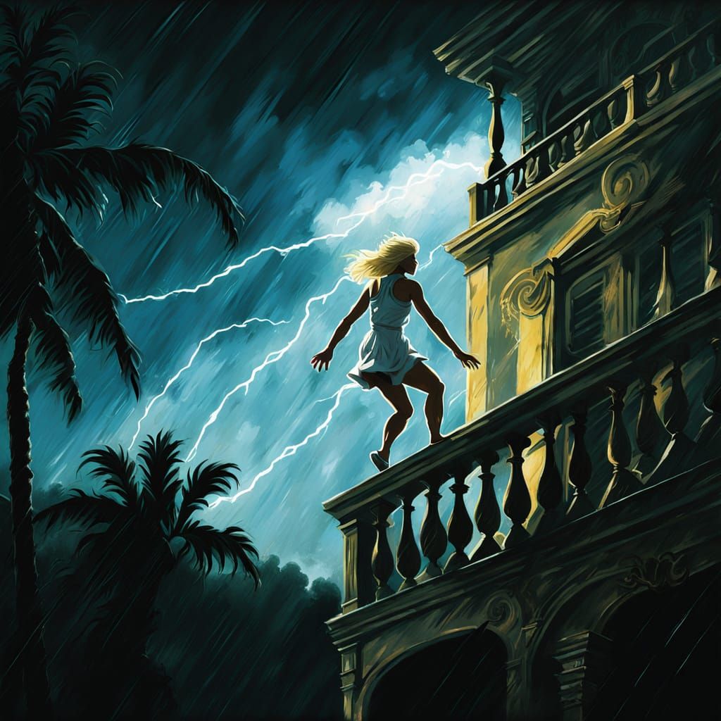 Woman Climbs Mansion Balcony in Storm, Gouache Illustration