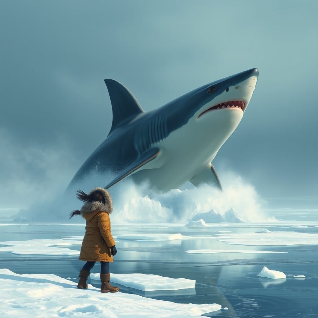 Young Inuit Girl Stands Before Majestic Great White Shark in...