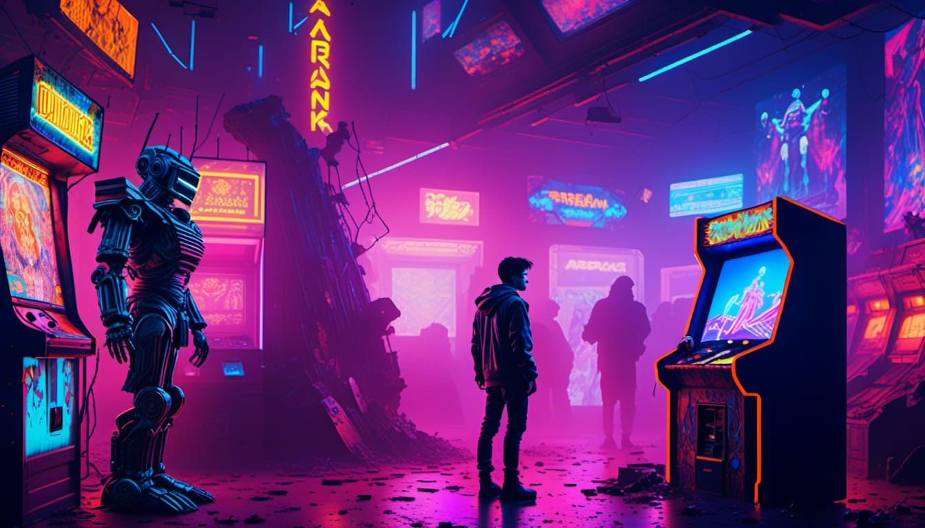 Robot in 80's Video Arcade with Neon Colors