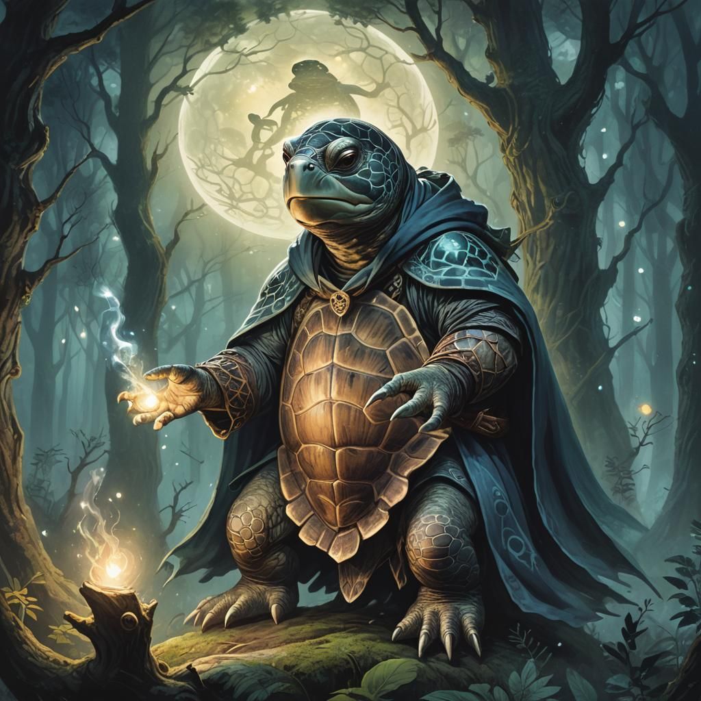 Mystical Turtle Wizard Casts Spell in Enchanted Forest