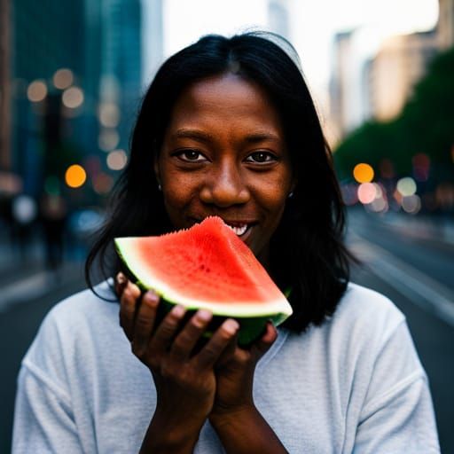 Smiling Homeless Woman Eating Watermelon Portrait