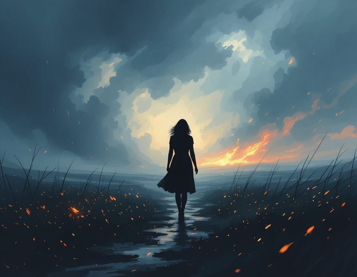 Lone Woman Walks Into Stormy Sky