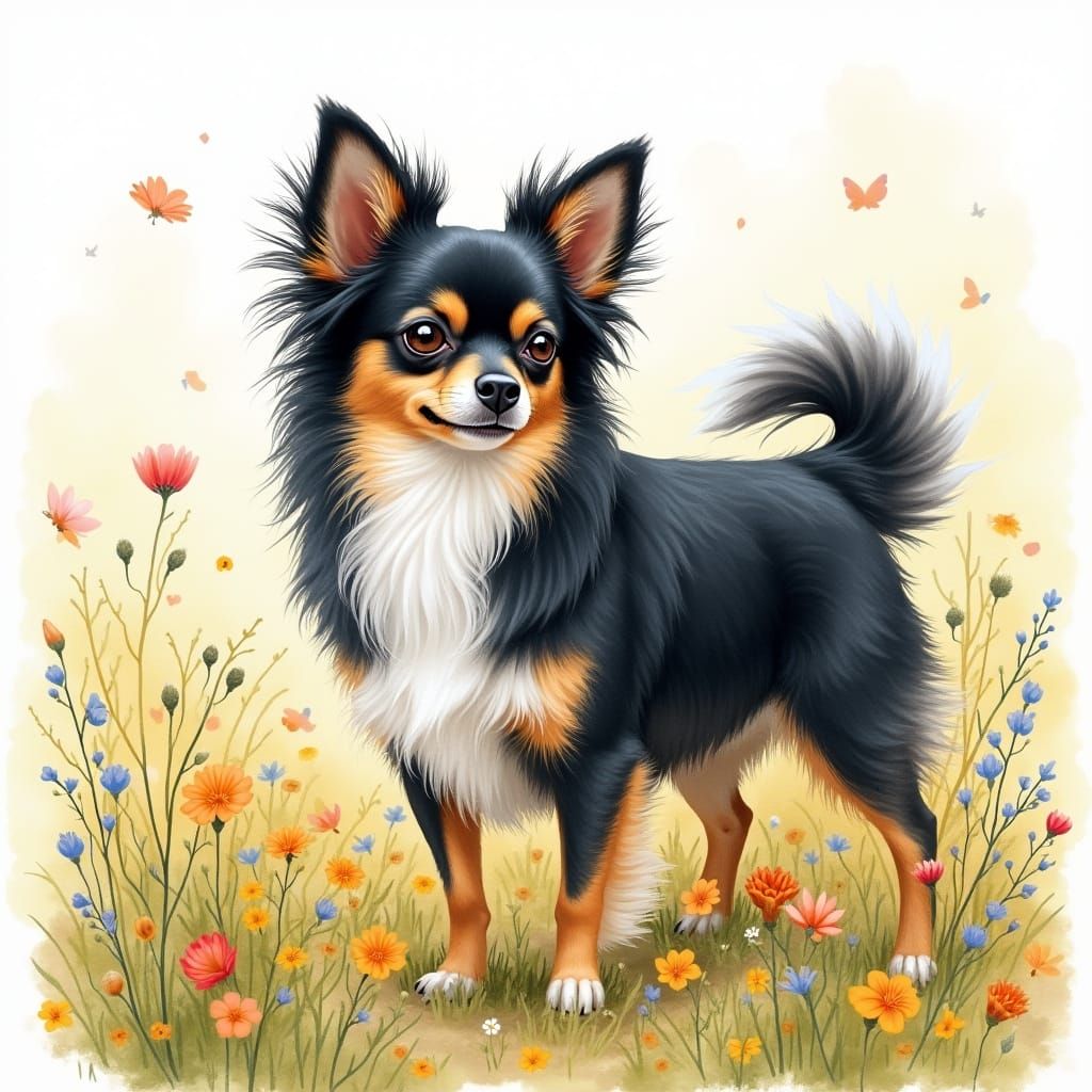 Surreal Watercolor of a Fluffy Chihuahua in a Wildflower Fie...