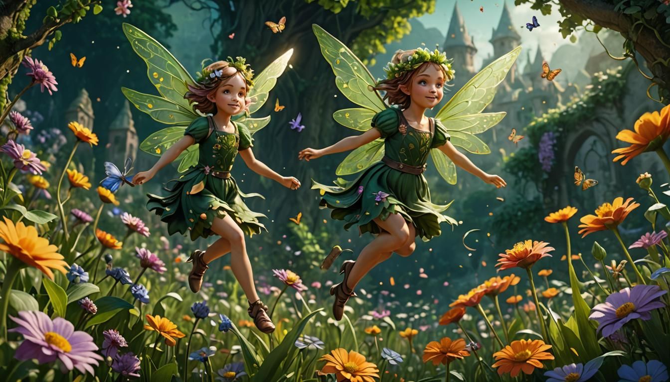 Flower Fairy in Green Meadow: Fantasy Concept Art